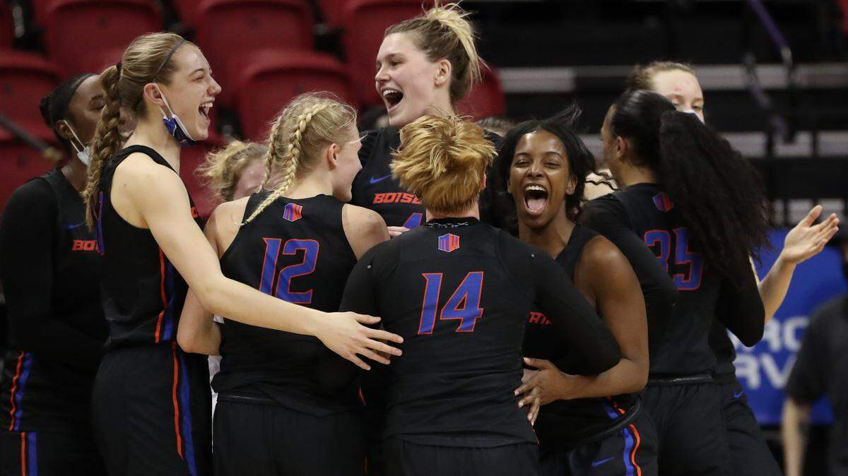 Boise State players celebrate their 78-65 win over Colorado State in the quarterfinals of the Mountain West Tournament on Monday at the Thomas & Mack Center in Las Vegas.