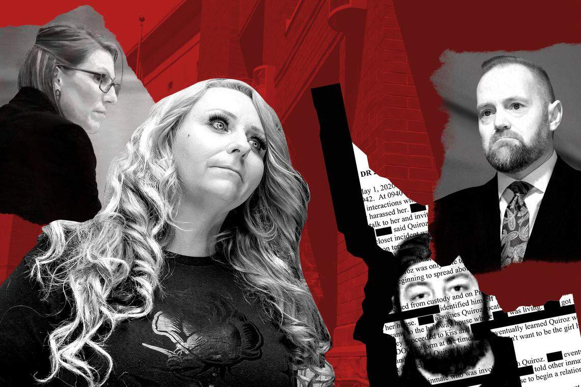 Pictured (from left): Ada County prosecutor Katelyn Farley, who prosecuted guard Ricardo Quiroz; Andrea Weiskircher, formerly incarcerated, has been speaking out about prison abuse; Ricardo Quiroz, convicted in 2021 of sexual contact with a prisoner; and Josh Tewalt, former Department of Correction director. (Derek Harrison/InvestigateWest illustration; credits: Brian Myrick/The Idaho Press via AP; Kyle Green/InvestigateWest; DOC mug shot; AP Photo/Kyle Green)