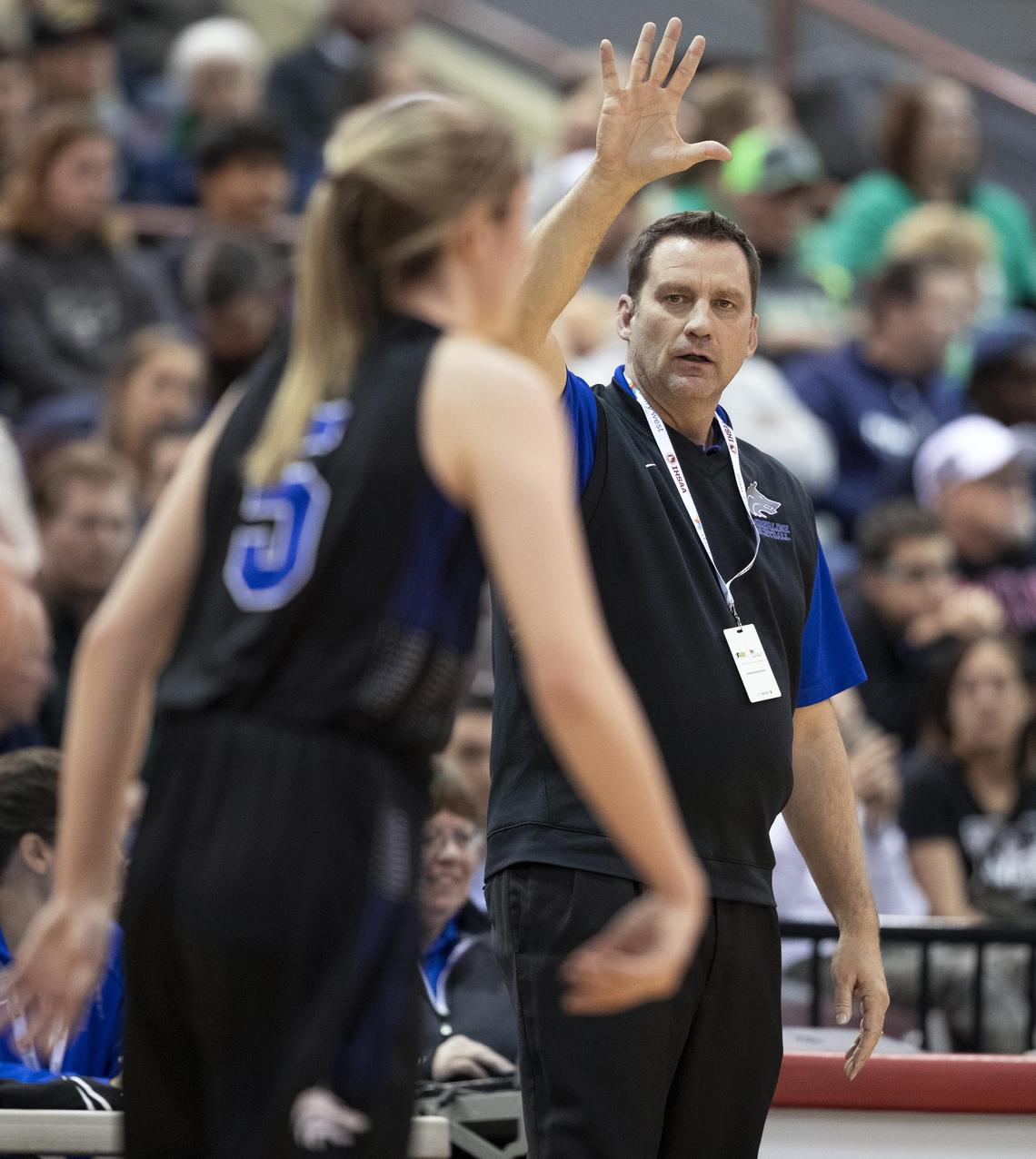 Timberline girls basketball coach Andy Jones calls a play to his team during the 2019 state tournament in this file photo.