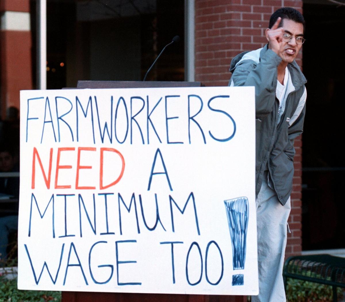 Leo Morales, a member of the Idaho Progressive Student Alliance, led students in a 2001 demonstration at the Boise State University Student Union Building, calling for the Legislature to set a minimum wage for farmworkers.