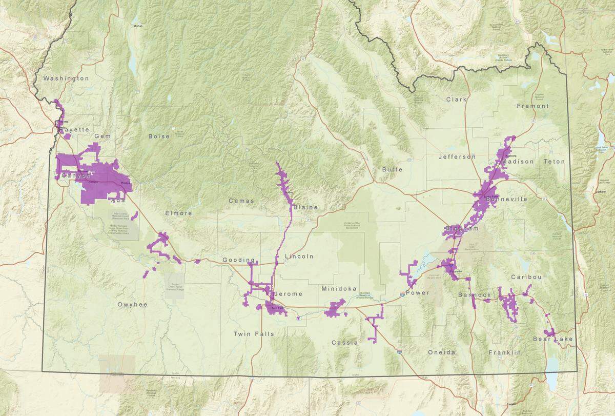A 2018 map of where Intermountain Gas has customers. At the time of this map the company had 355,000 customers in 26 Idaho counties. It now has 402, 300 customers.