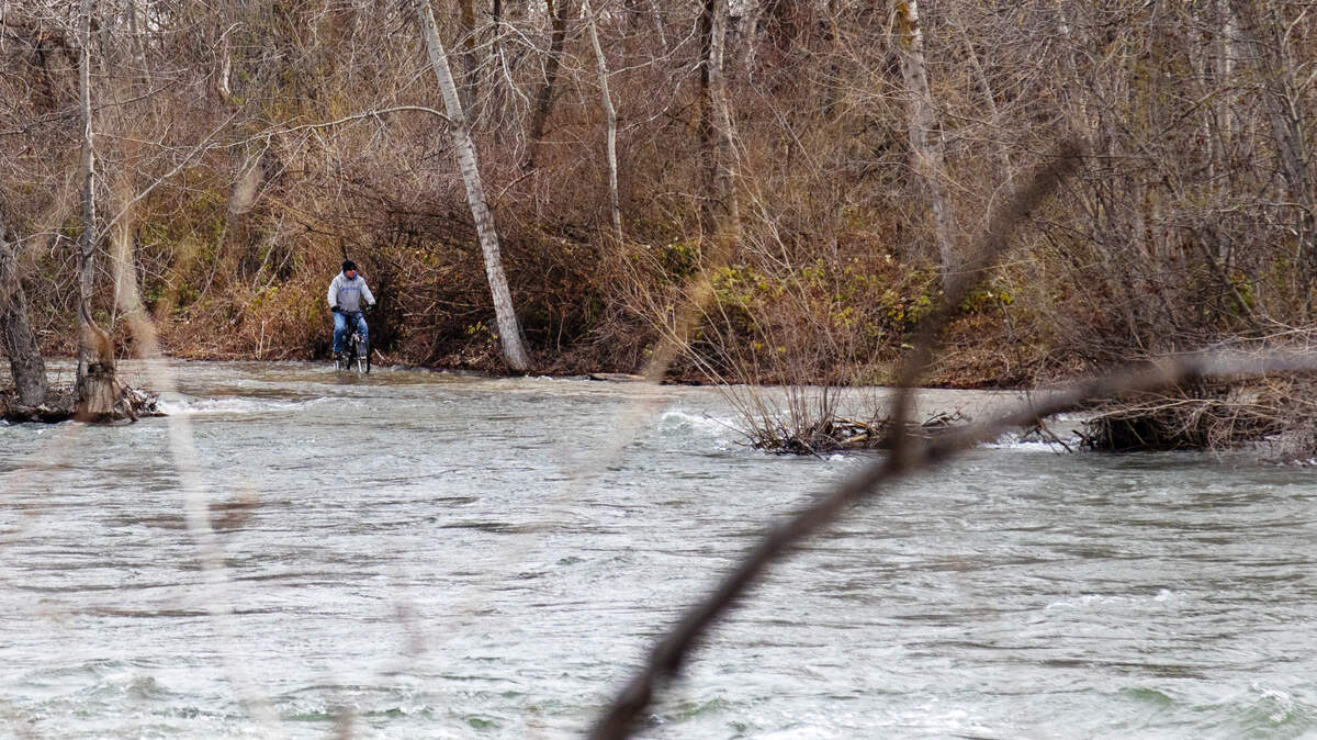 A person rides a bike April 21 through a closed section of the Greenbelt submerged under the Boise River east of the West Parkcenter Bridge.
