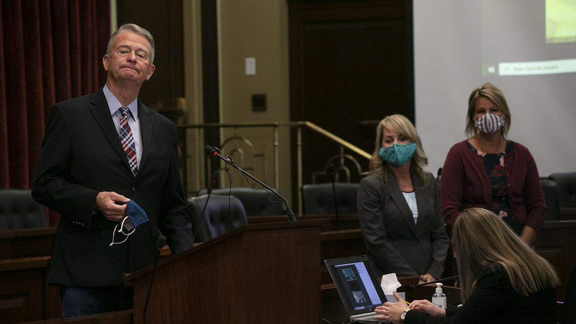 Idaho Gov. Brad Little fields a question on his K-12 funding plan during a Statehouse news conference Friday.