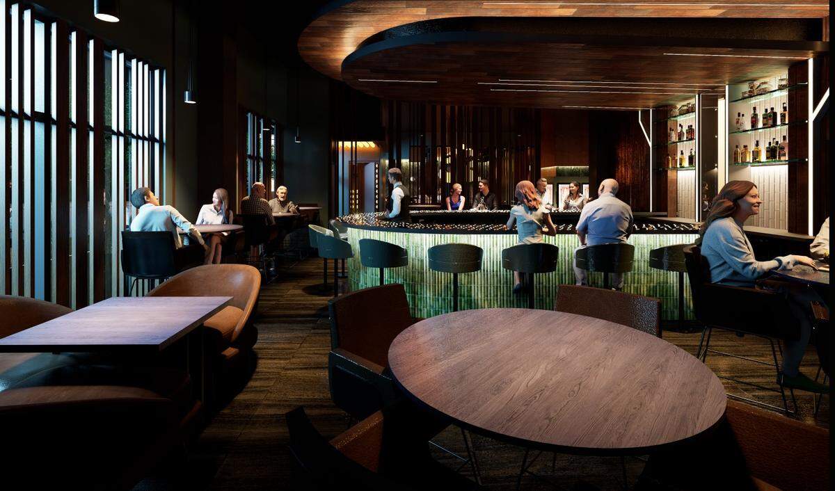 In this architectural rendering, patrons at Hemlock frequent the bar.