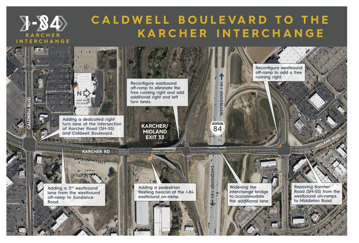 Built in 2006, the Karcher Interchange, shown here, has undergone many construction updates to try to mitigate congestion on both the interstate and Karcher Road. The Idaho Transportation Department plans to begin work on the latest iteration in February.