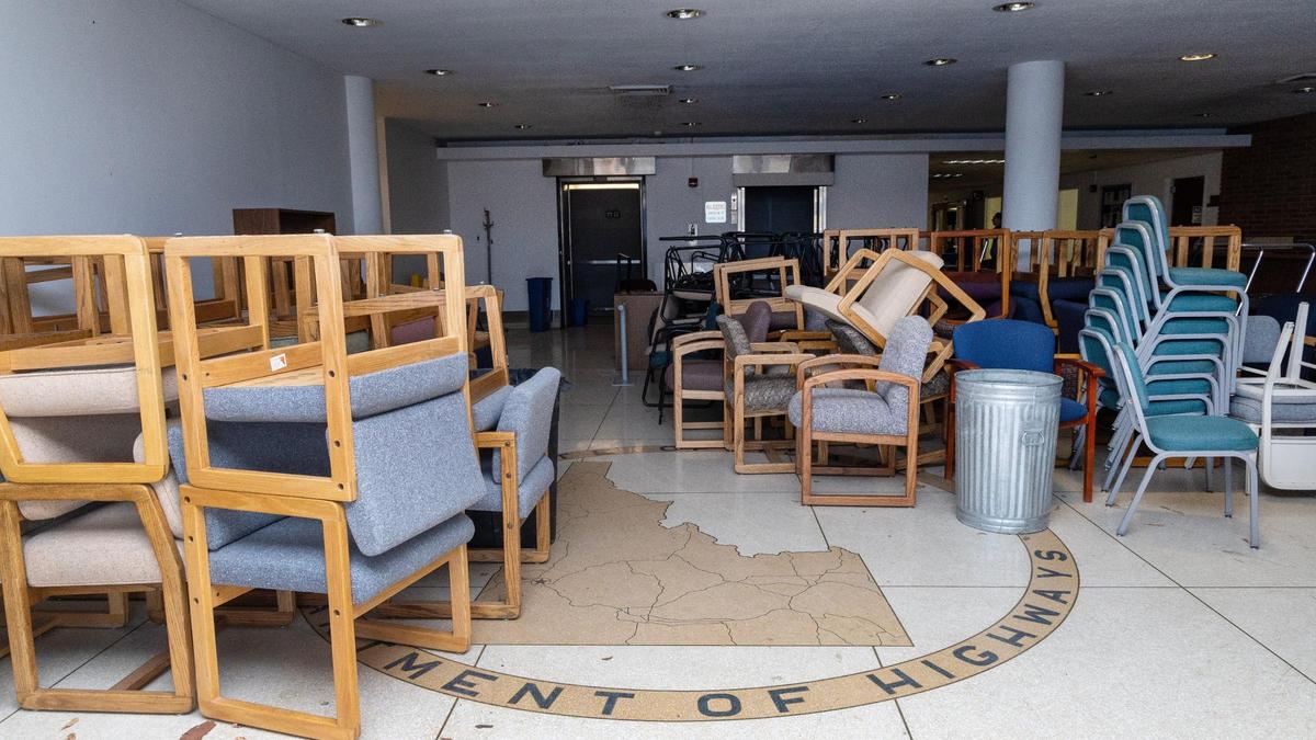 Furniture is stacked in the main lobby of the Idaho Transportation Department’s campus on State Street.