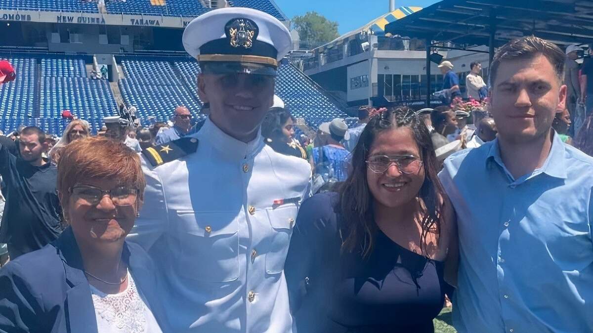 Jason Rahimi, right, of Boise, seen here with his family at the graduation ceremony for his twin brother, Mason, at the U.S. Naval Academy in Annapolis, Maryland, was seriously injured in a personal watercraft accident the following day.