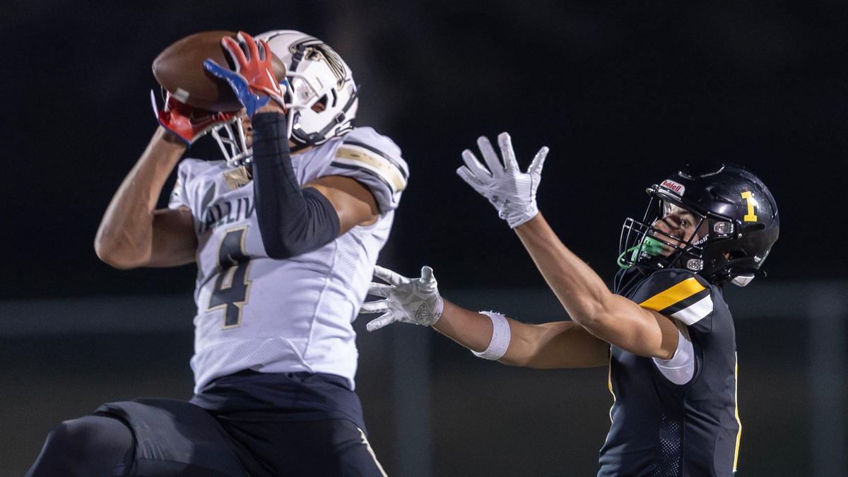 Vallivue’s Lamar Davis intercepts a pass intended for Bishop Kelly receiver Dom Wolthuis on Oct. 11.
