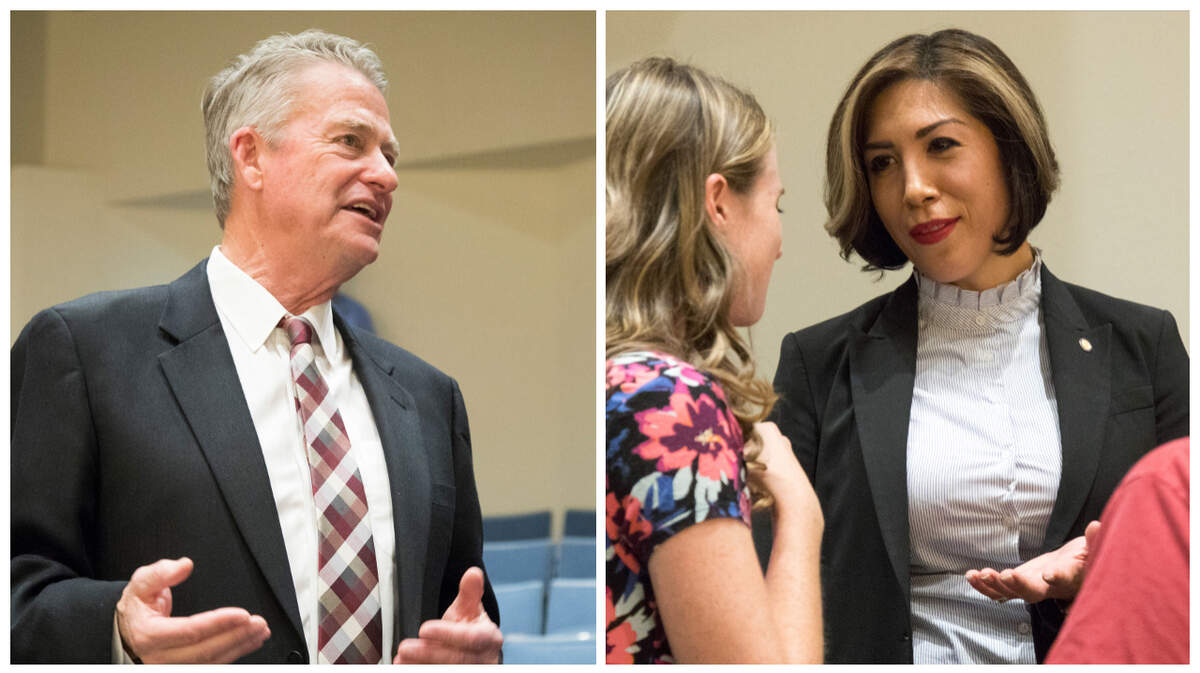 Brad Little, left, and Paulette Jordan after a College of Idaho candidate forum Oct. 2.