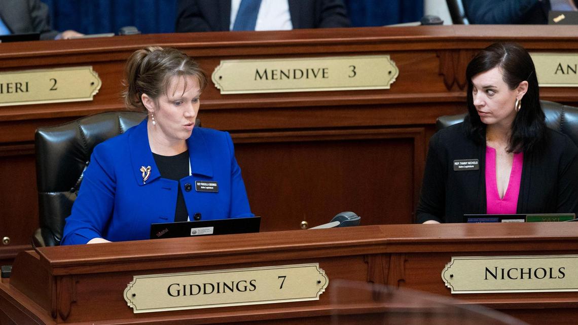 Rep. Priscilla Giddings, R-White Bird, and Rep. Tammy Nichols, R-Middleton, listen to debate on the floor of the Idaho House on Wednesday, April 21, 2021. Giddings introduced a bill that would prohibit the use of ballot drop boxes in elections.