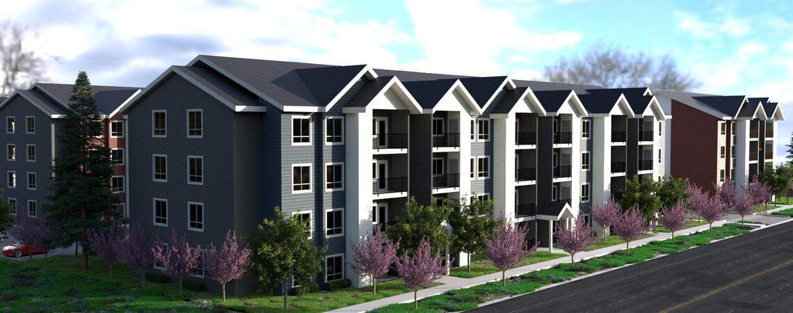 This rendering shows some of the 112 planned affordable apartments at 5618 W. Franklin Road. Developers anticipate rent will be set for tenants earning up to 60% of the area median income. This view faces north with the future view from Franklin Road.