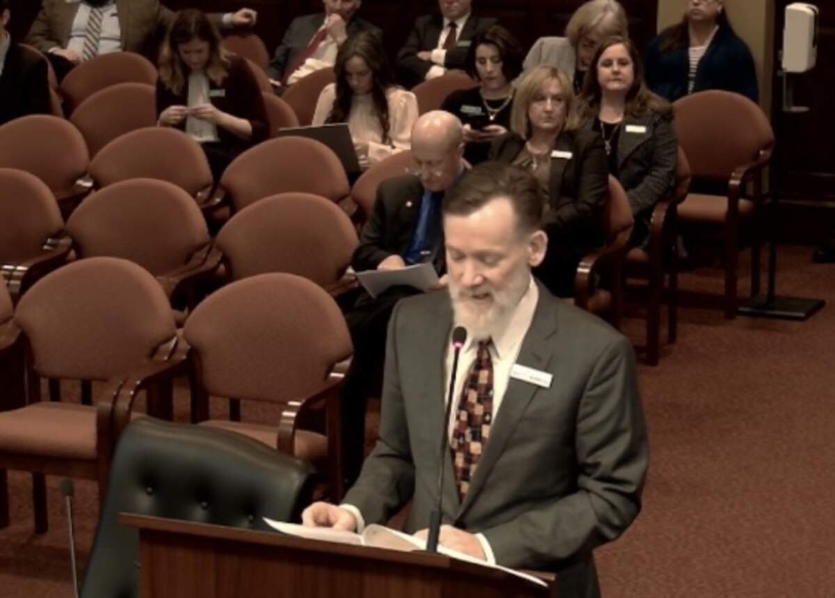 Idaho Sen. Scott Herndon, R-Sagle, speaks to the Senate State Affairs Committee on Jan. 16, 2023 at the Idaho Capitol in Boise. Herndon introduced three bills, on abortion, self-defense laws and transgender bathrooms.