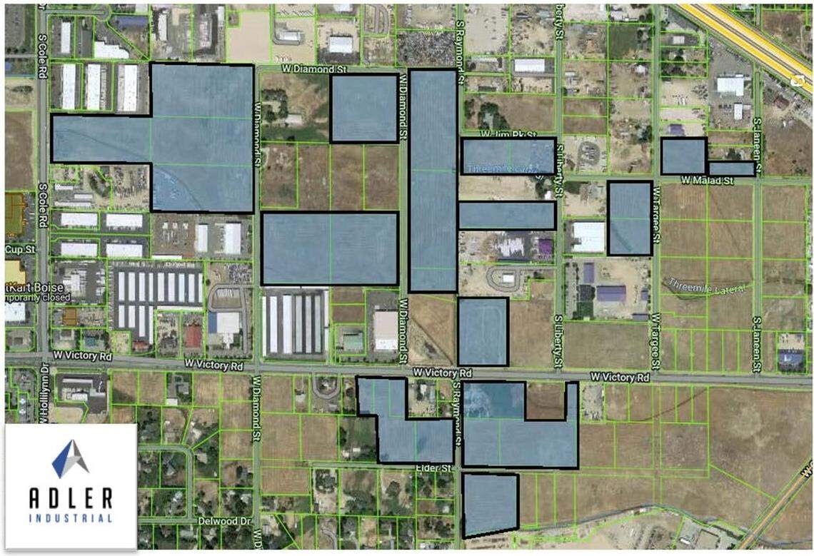 This map shows land west of the Boise Airport and south of Interstate 84 where Adler Industrial plans to develop more than 80 acres owned by the airport into more than 1.1 million square feet of industrial space.