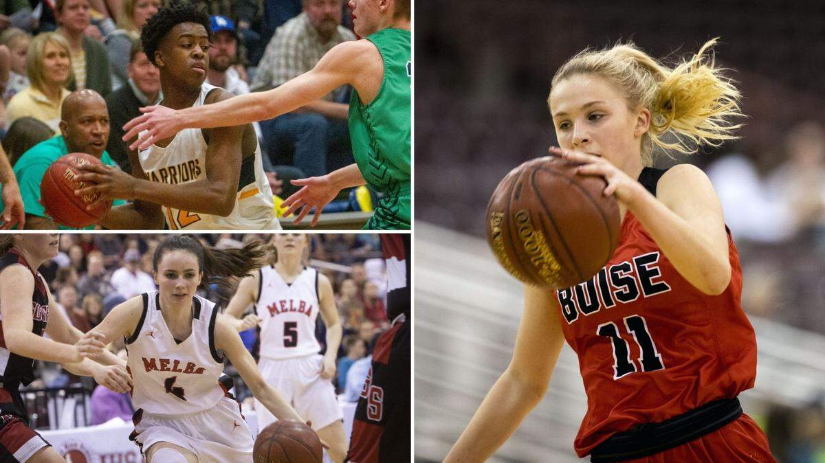 Clockwise from top left, Meridian’s Joe Mpoyo, Boise’s Allison Ross and Melba’s Kate Clark were all selected for the Idaho all-star basketball game. All players must be seniors.