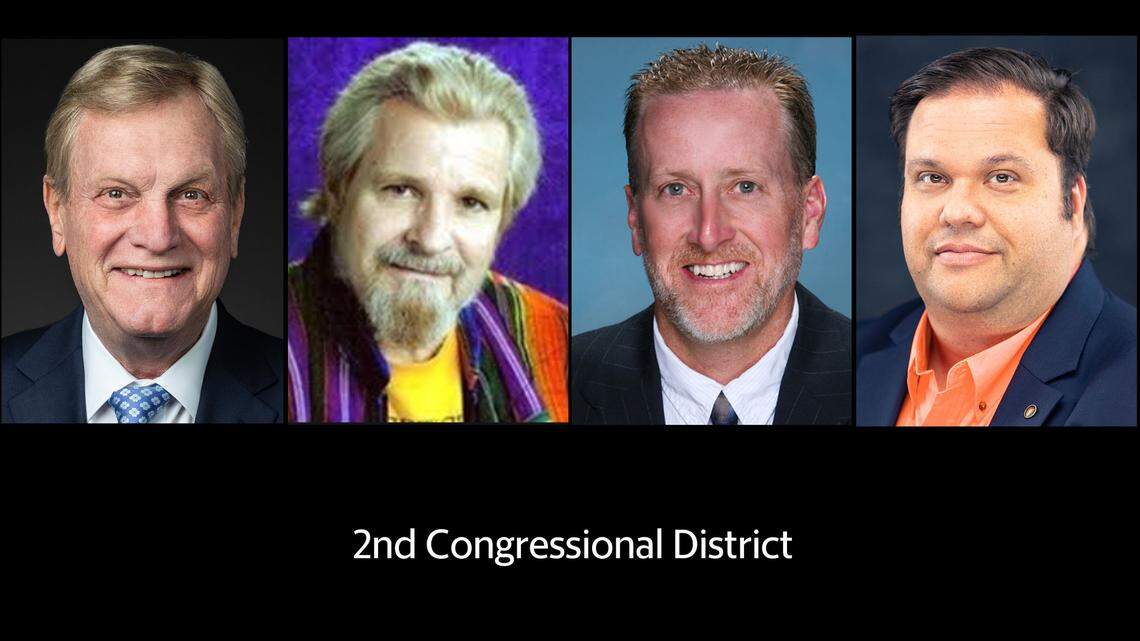 The U.S. House candidates for Idaho’s 2nd Congressional District (from left to right): Incumbent Republican Congressman Mike Simpson, Constitution Party candidate Idaho Law-Carta Sierra, Libertarian Party candidate Todd Corsetti, and Democratic candidate David Roth.