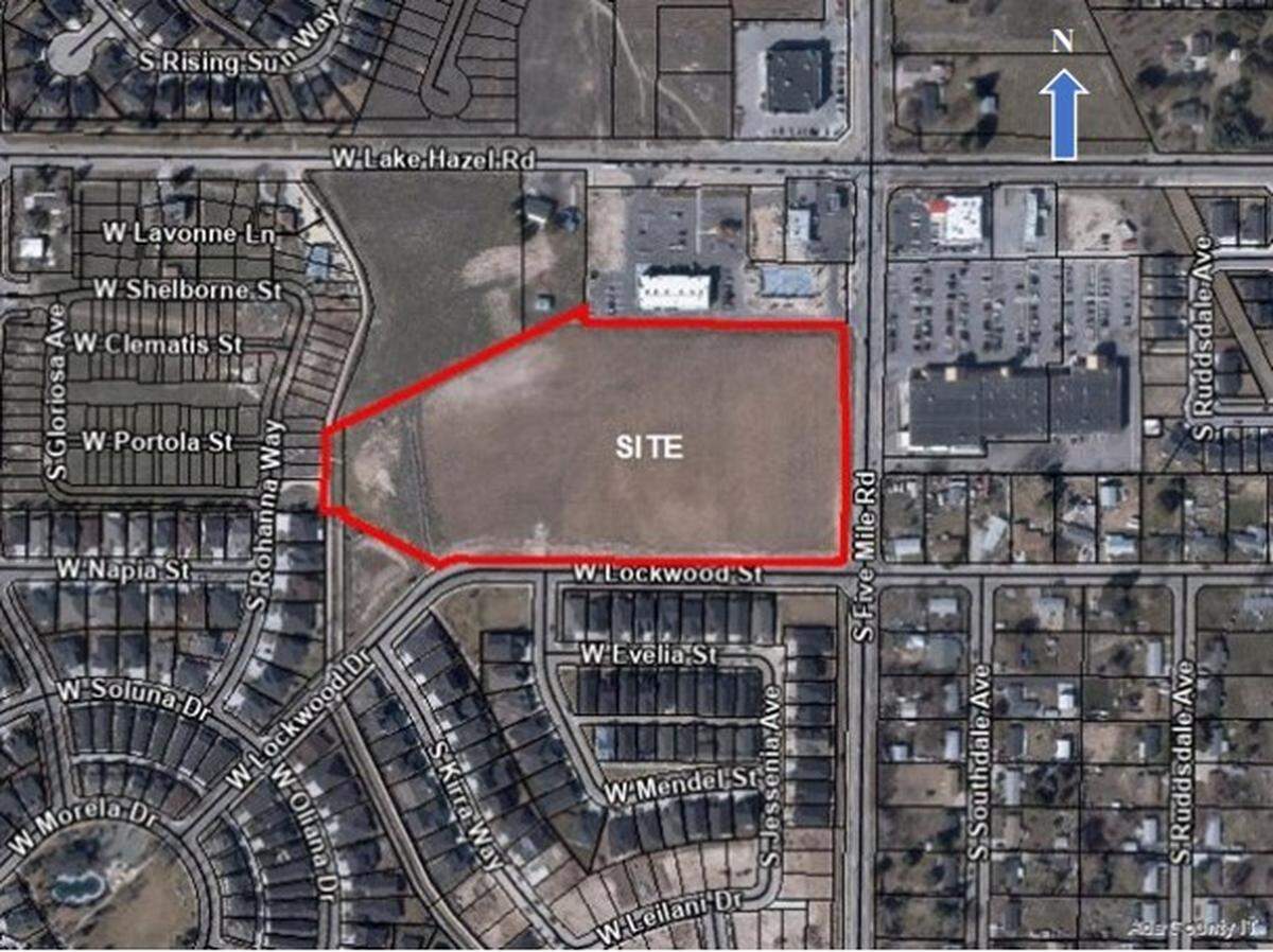 A site at 10975 W. Lake Hazel Road in unincorporated Southwest Boise that Peg Cos. of Sandy, Utah, proposed to rezone to allow 130 apartments. After neighbors raised traffic concerns, the Ada County Commission on Nov. 16 voted unanimously to reject the project.