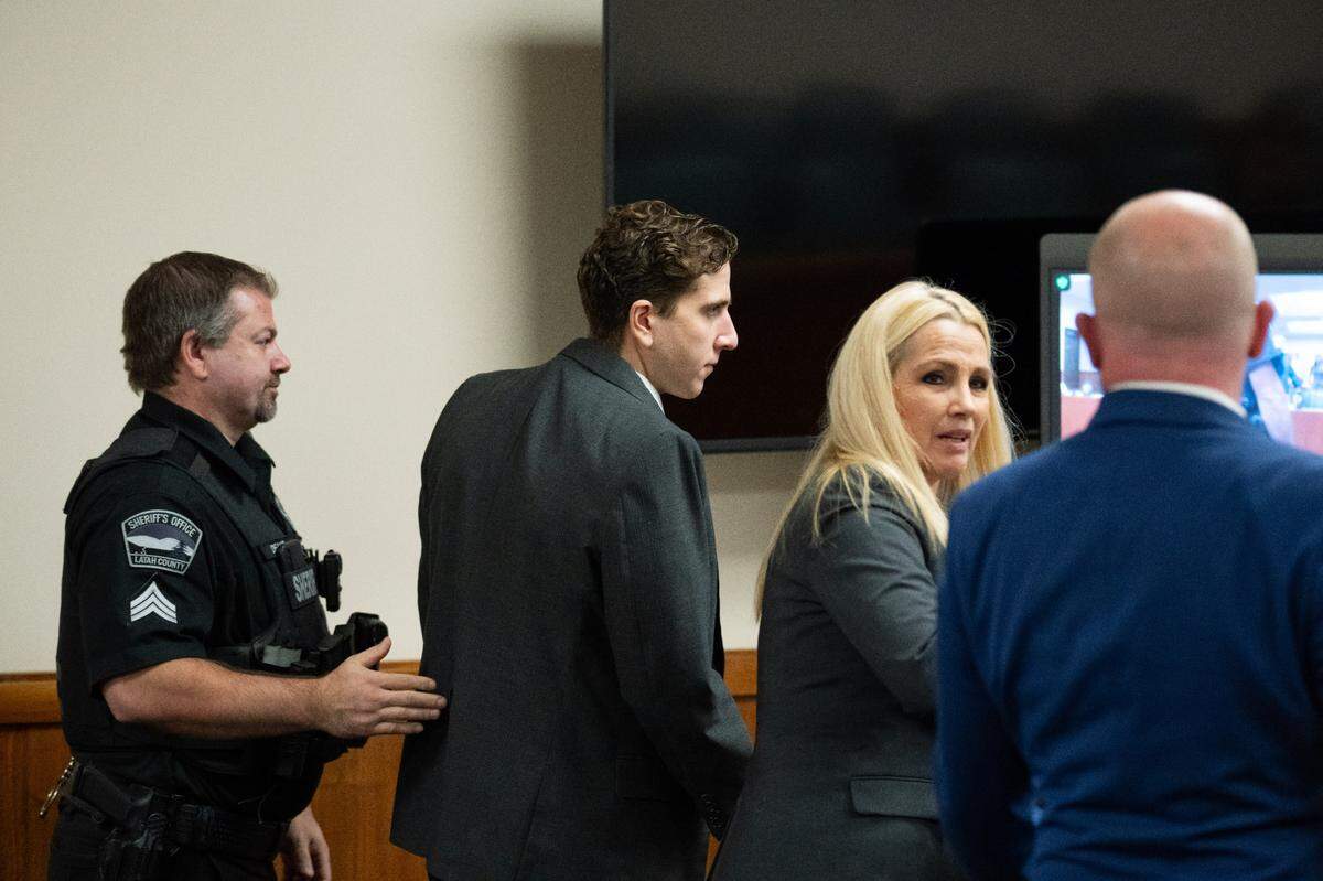 Bryan Kohberger, second from left, is accused of killing four University of Idaho students in November 2022. Lead defense attorney Anne Taylor, second from right, filed to delay the much anticipated capital murder trial set for this summer in Boise.