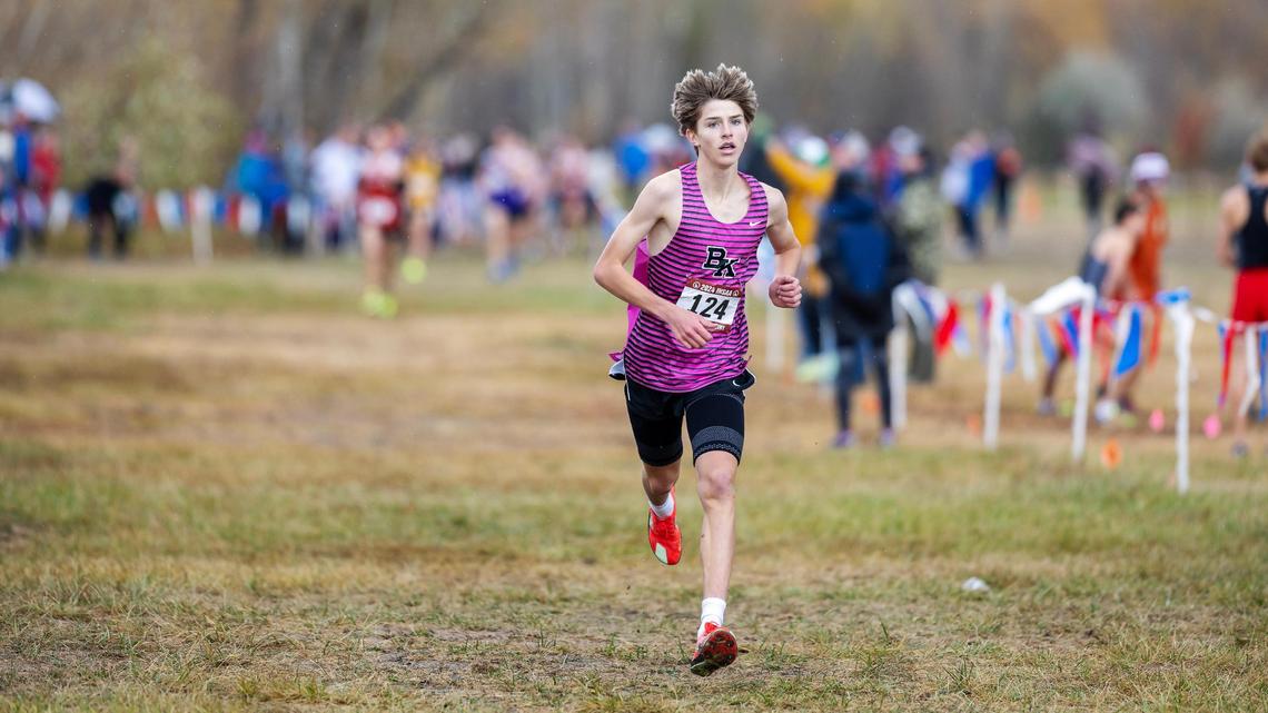 Bishop Kelly’s Jack Tobin finished first in the 5A boys race at the state cross country meet Saturday at Eagle Island State Park.
