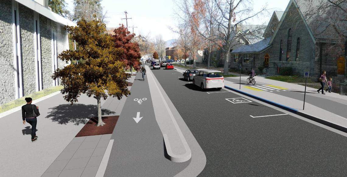 The changes would affect a section of 8th Street between State Street and Franklin Road as shown in this north-facing rendering. St. Michael’s Cathedral can be seen at right and the former Home Federal bank building at right.