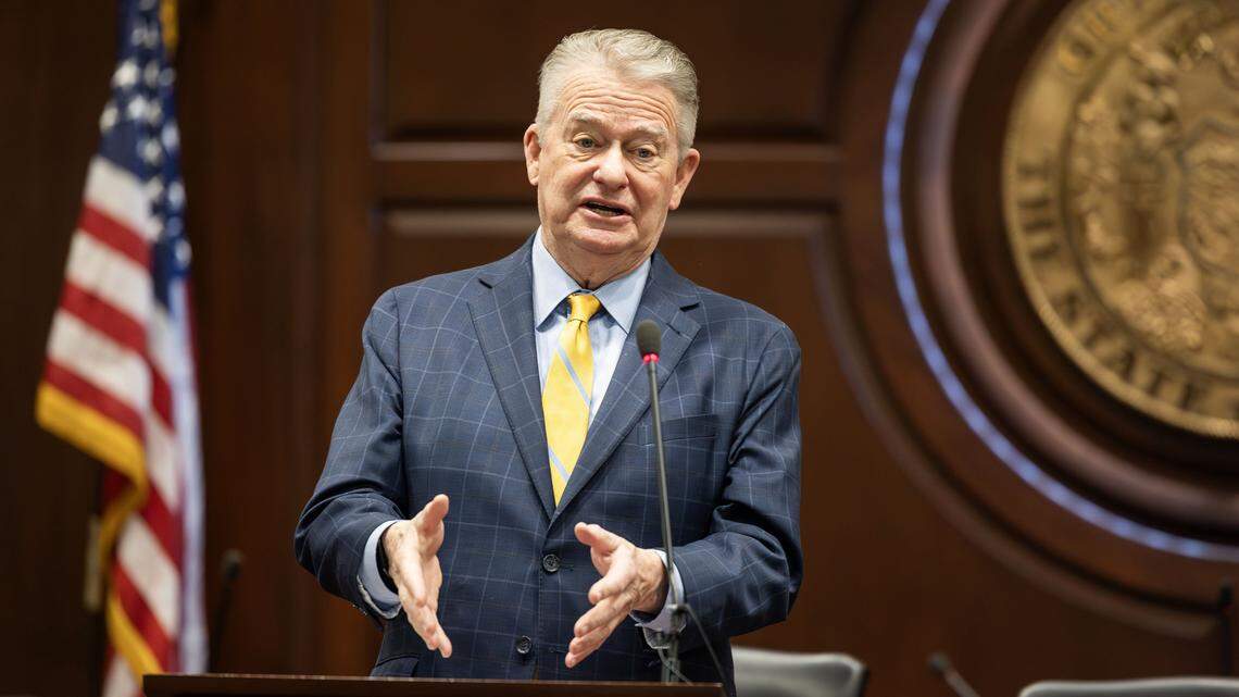 Idaho Gov. Brad Little addresses members of the Idaho Press Club, Capitol Correspondents Association and attendees of the 2026 Legislative Preview in the Lincoln Auditorium at the Idaho Statehouse, Thursday, Jan. 8, 2026.