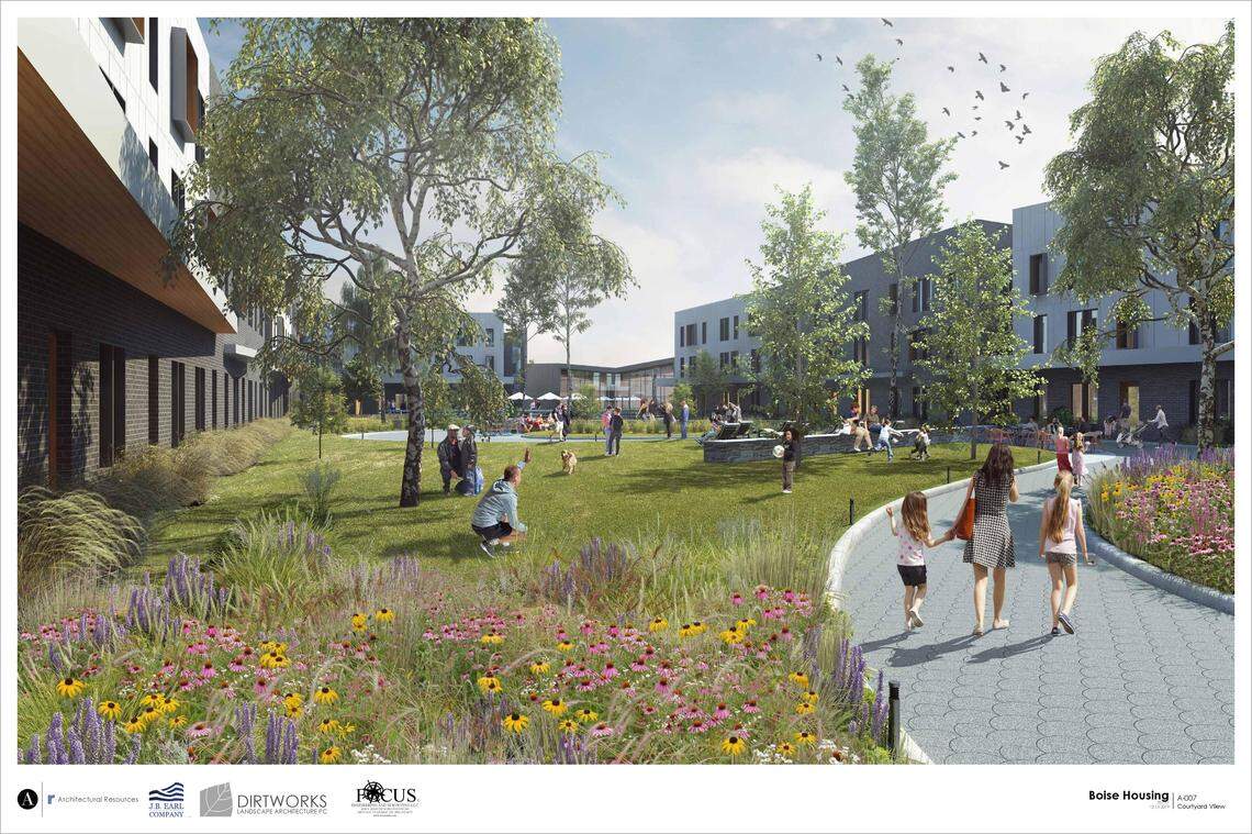 A rendering of the J.B. Earl Co.’s project on Fairview and Cole shows an interior courtyard within the apartment complex, which would include nearly an acre of landscaping.