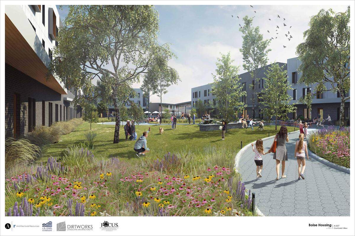 A rendering of the J.B. Earl Co.’s project on Fairview and Cole shows an interior courtyard within the apartment complex, which would include nearly an acre of landscaping.