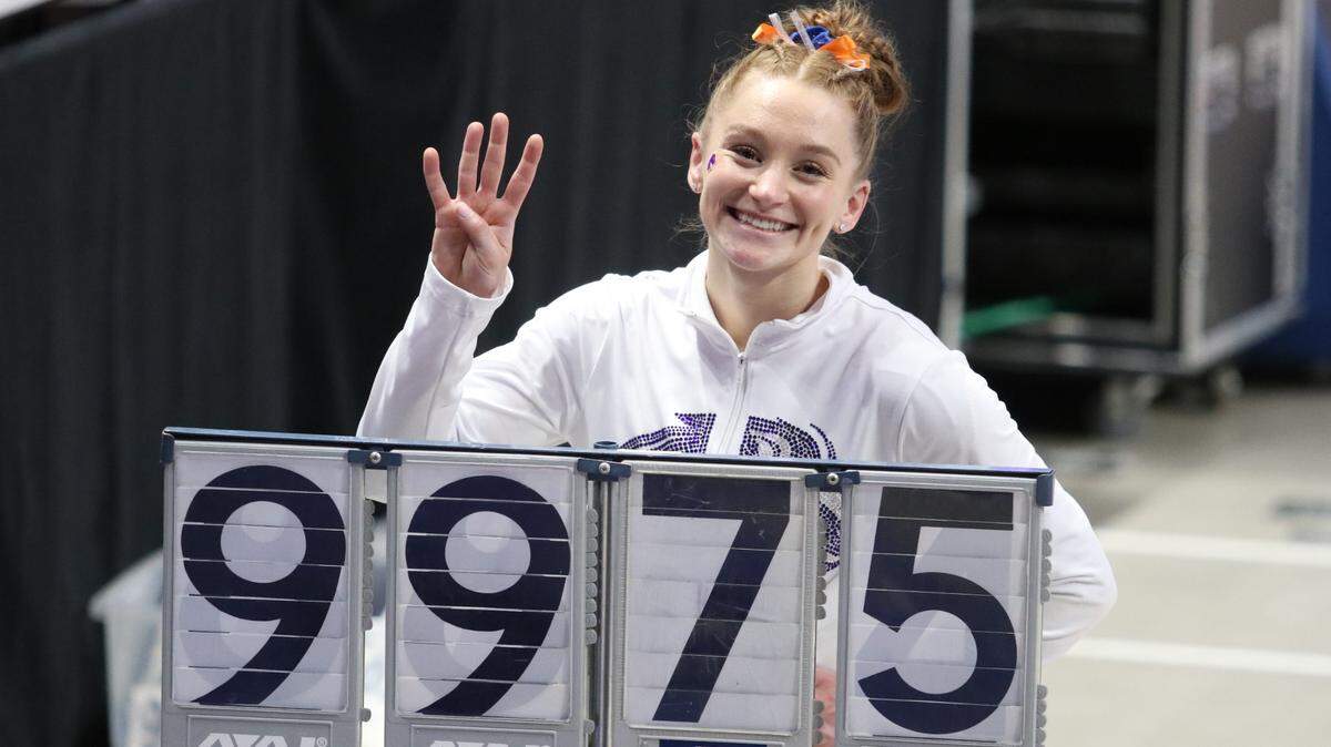 Boise State senior Emily Muhlenhaupt recorded her fourth career score of 9.975 on the bars Feb. 6 during a win over Utah State.