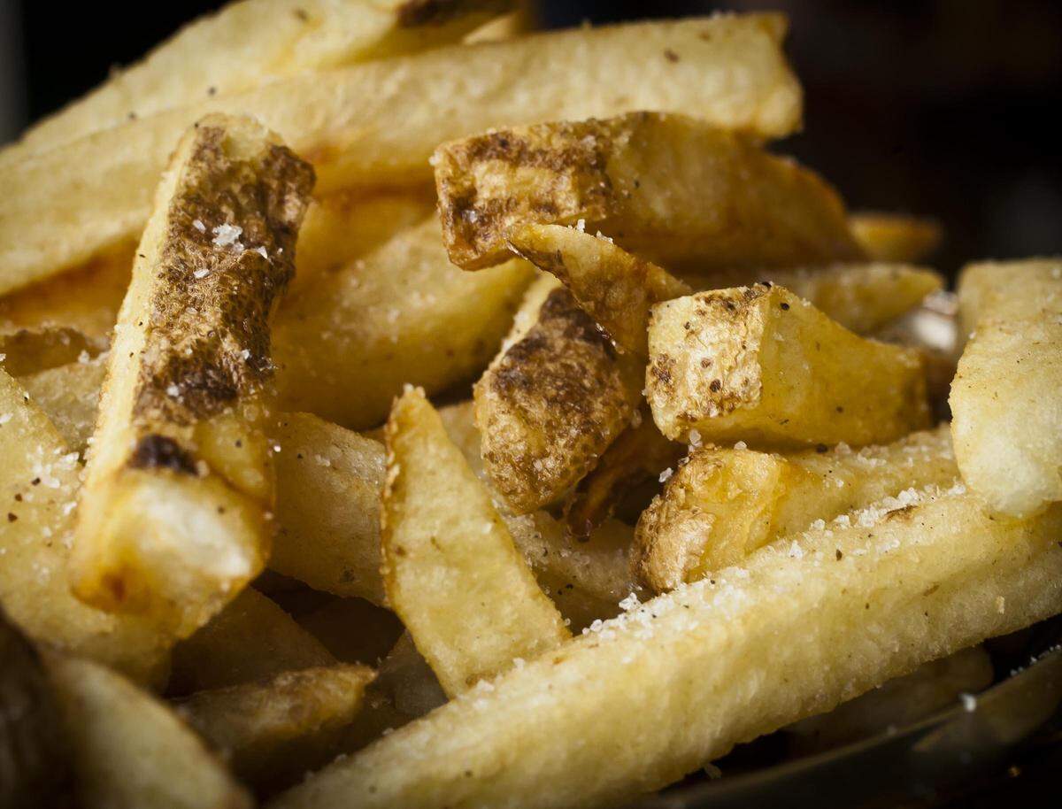 Bourgeois Fries made from steak-cut russet potatoes cooked in duck fat and sprinkled with truffle salt at the Boise Fry Company.