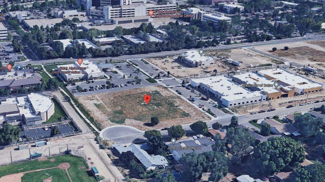 This view looking north shows the site of a proposed affordable apartment building at 6160 W. Denton St. surrounded by the Saint Alphonsus Regional Medical Center campus to the north, Liberty Park to the southwest and the Ada County Juvenile Detention Center’s to the west.
