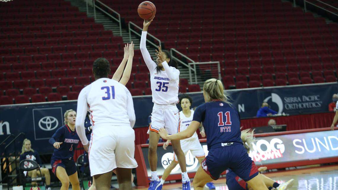 Freshman forward Alexis Mark had 14 points and seven rebounds in Boise State’s 92-57 loss to Fresno State on Thursday at Save Mart Center in Fresno, California.