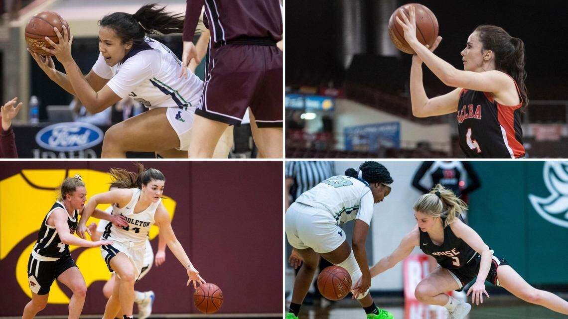 Clockwise from top left, Mountain View’s Naya Ojukwu, Melba’s Kate Clark, Boise’s Allison Ross and Middleton’s Payton Hymas were all selected to their respective all-conference teams.