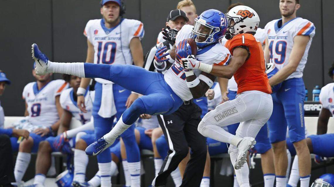 Boise State safety Tyreque Jones breaks up a pass during the Broncos’ 44-21 loss at Oklahoma State in 2018. The Cowboys’ return trip to Boise comes this weekend.