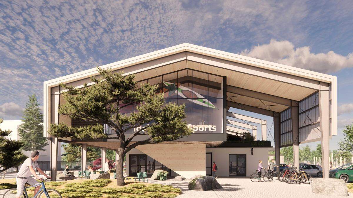 The plans for Idaho River Sports would repurpose it into a two-story commercial and retail hub as shown in this west-facing rendering from Whitewater Park Boulevard. Quinn’s Pond would be at left.