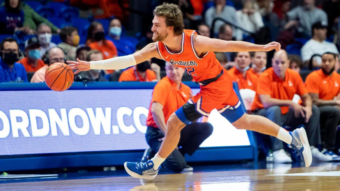 Boise State guard Max Rice makes a steal from a Santa Clara player in the first half of a Dec. 14 game at ExtraMile Arena in Boise. The Broncos’ most recent game was Dec. 28.