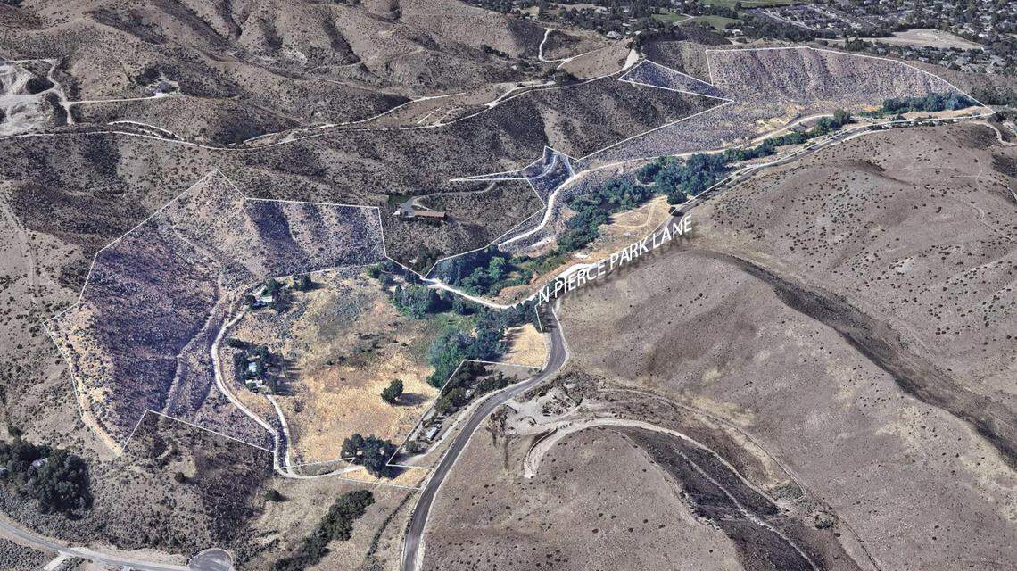 This aerial rendering looking south shows where homes would have been built off of Pierce Park Lane in the highlighted area.