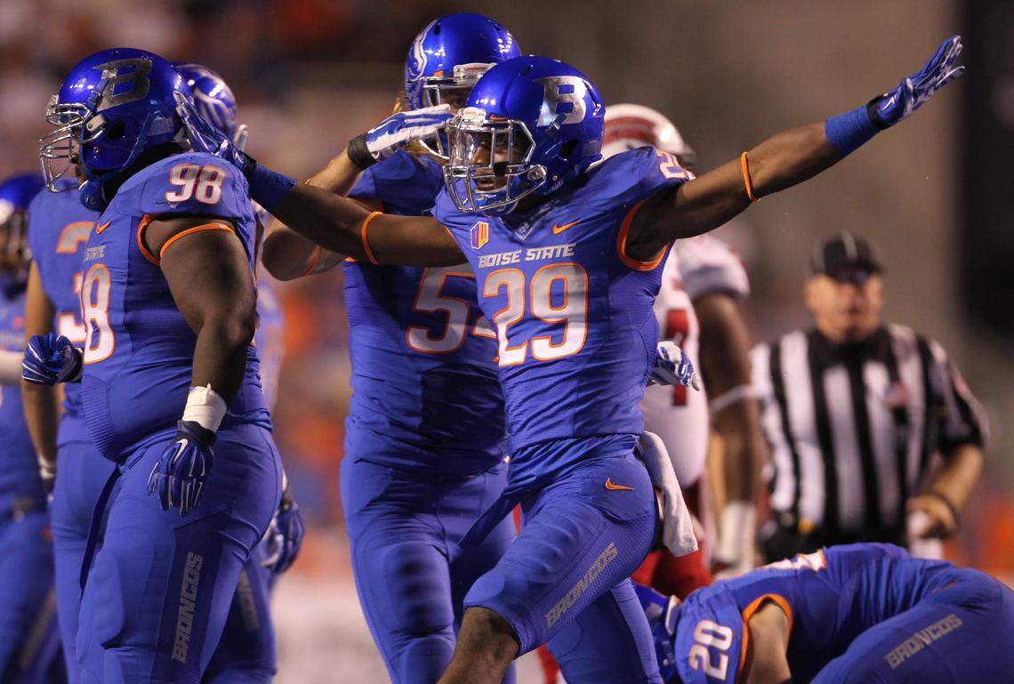 Boise State safety Dylan Sumner-Gardner celebrates a defensive stop in the second against Louisiana Lafayette at Albertsons Stadium in 2014.
