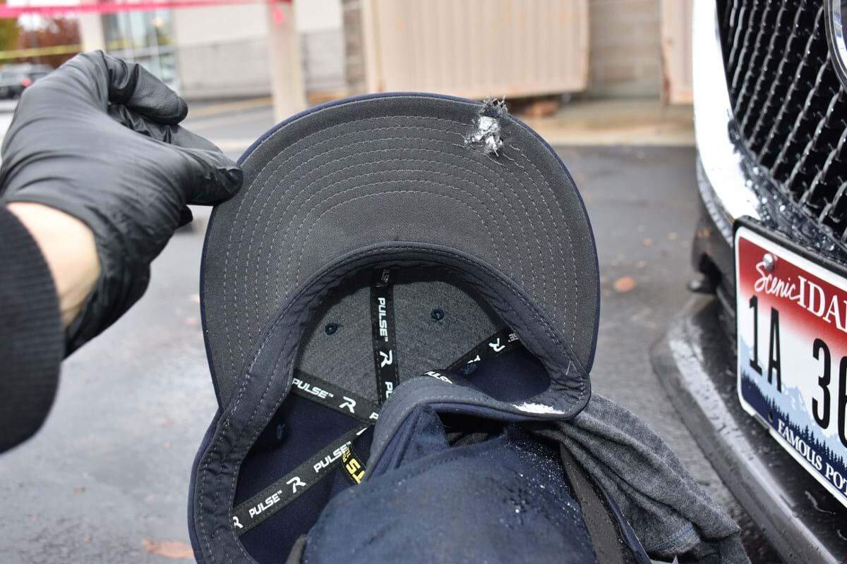 This photo shows the hat of officer Chris Dance, who was shot at while responding to the Boise Towne Square Mall shooting on Monday. Dance shot back at Bergquist, according to Boise police.