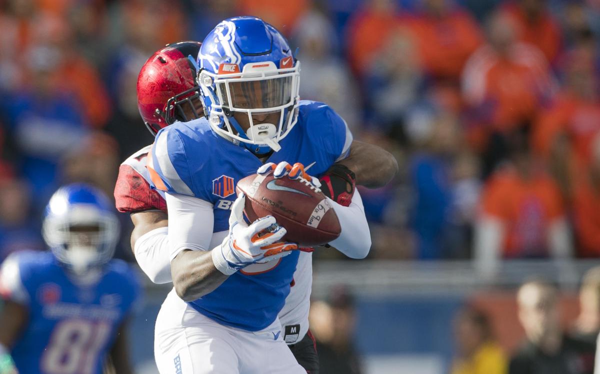 Boise State wide receiver CT Thomas (6) makes a catch just in front of the goal line, setting up a fourth quarter touchdown on an ensuing play. The Broncos’ late charge fell short, however, in a 19-13 loss to San Diego State Saturday, Oct. 6, 2018 at Albertsons Stadium in Boise.