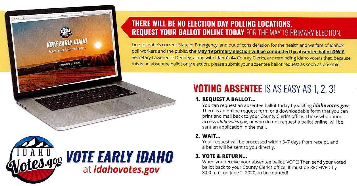 Idaho Secretary of State Lawrence Denney is mailing ballot requests to registered voters for the May 19 primary election, which will be held entirely by absentee ballot because of the coronavirus pandemic.