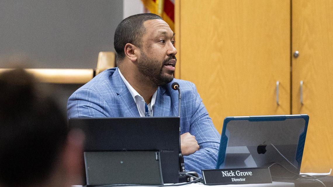 Meridian Library District Director Nick Grove speaks as the library board considers a request to relocate a children’s book with LGBTQ+ themes to the library’s adult section.