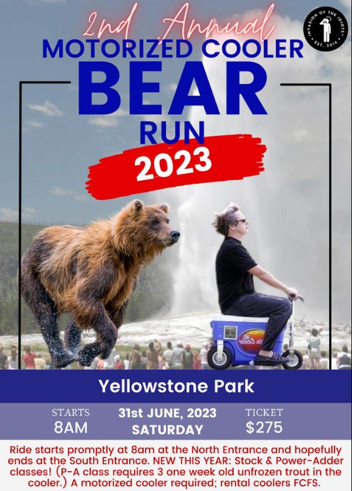 A fake poster advertises the second annual motorized cooler bear run on the Facebook page “Yellowstone National Park: Invasion of the Idiots.”