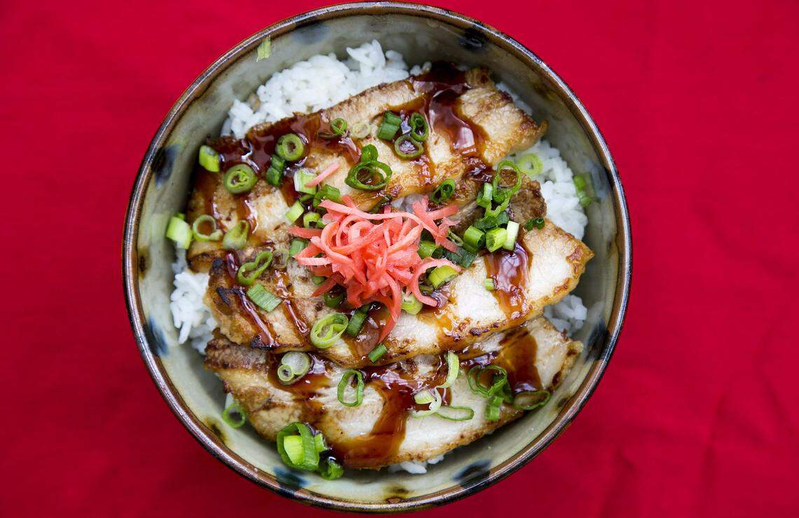 This rice pork belly bowl with scallions and pickled ginger was served at Ramen Sho when it was located in downtown Boise.