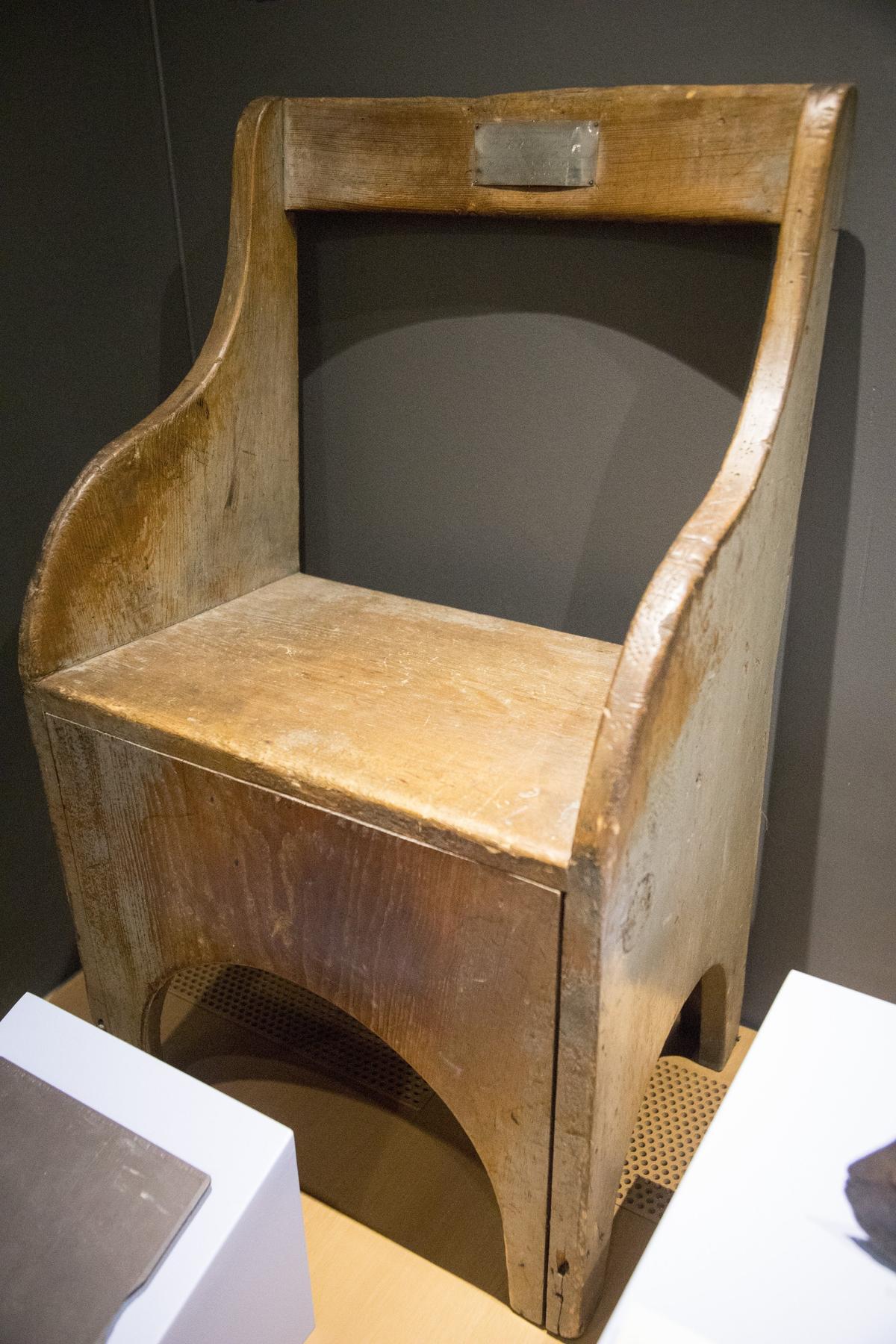 This chair, dating about 1836, belonged to Henry Spauling. He and his wife, Eliza, came west to open missions and teach and preach among the Nez Perce in North Idaho.