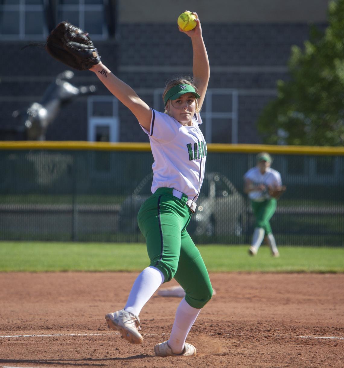 Mountain View’s Oakleigh Kearby pitched all but one inning in their 14-12 win over Rocky Mountain to take the 5A district softball championship. Both teams advance to the state tournament next week.