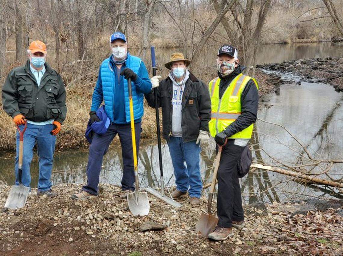BVFF volunteers move gravel to improve trout spawning conditions in a side channel of the Boise River.