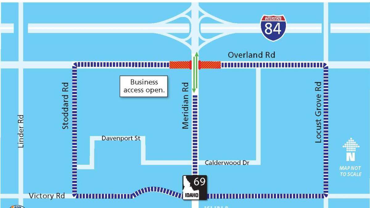 Overland Road will be closed overnight at Idaho Highway 69 (Meridian Road) during the nights of Sept. 11-16 while the Idaho Transportation Department repaves the intersection.