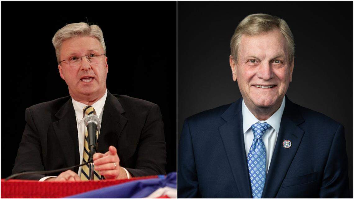 U.S. Rep. Mike Simpson, R-Idaho, right, the 12-term congressman representing the state’s 2nd Congressional District, faces off with challenger Bryan Smith, an Idaho Falls attorney, in the Republican primary.