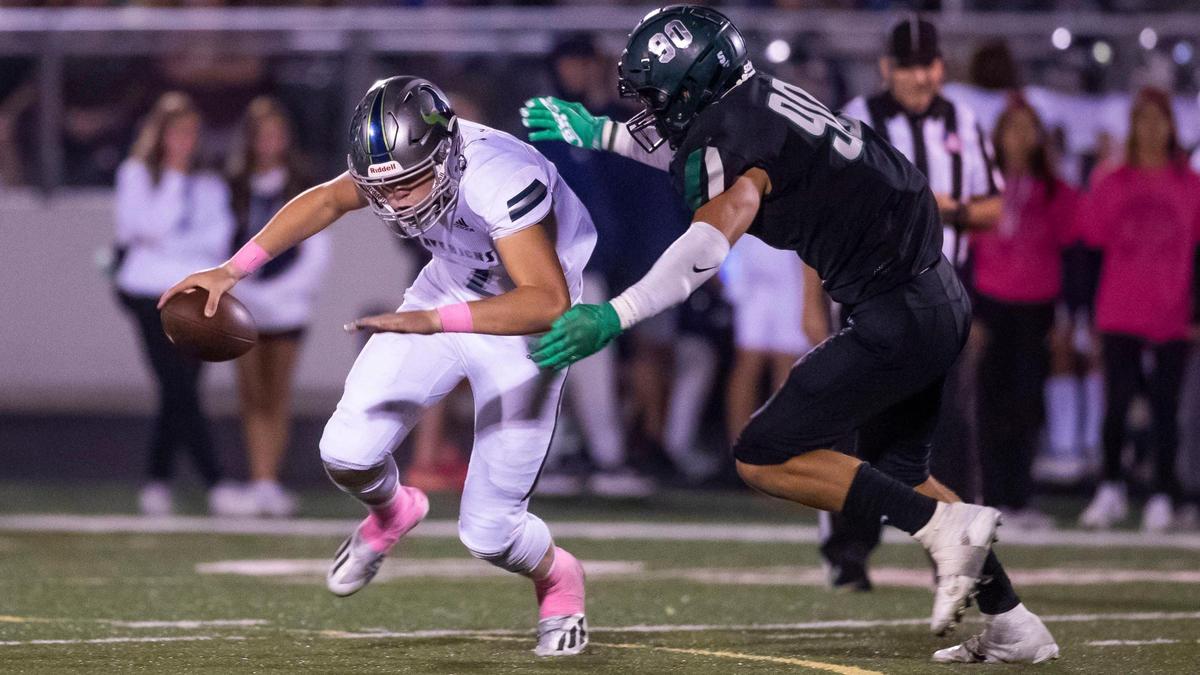 Eagle defensive end Seth Brock racks up one of his 17 sacks last fall. He’s one of several key returners for the Mustangs.