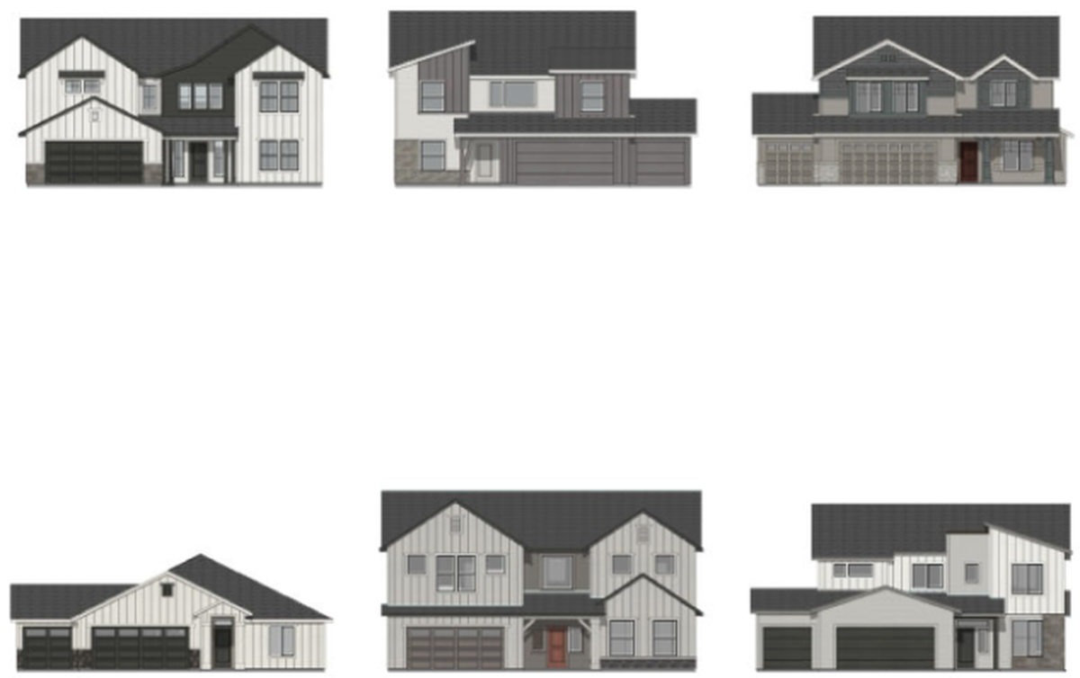 Illustrations of homes in the planned Fields development show a range of styles.