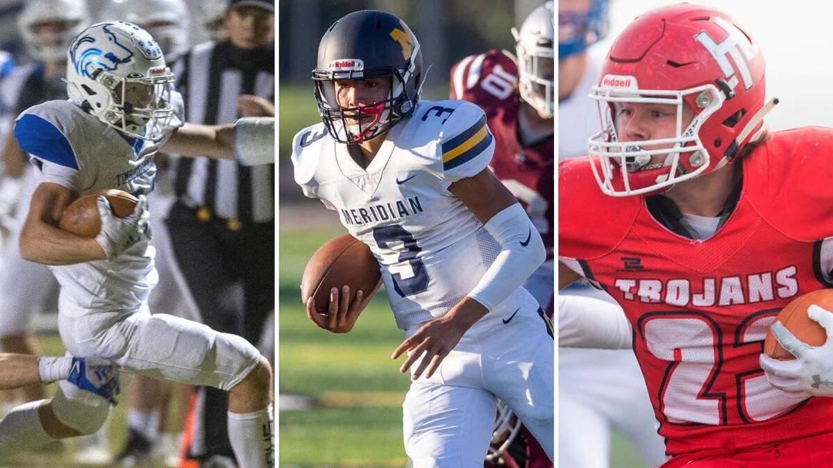 From left, Timberline running back Taylor Marcum, Meridian quarterback Malakai Martinez and Homedale running back Hayden Kincheloe enter the season as key players to watch.